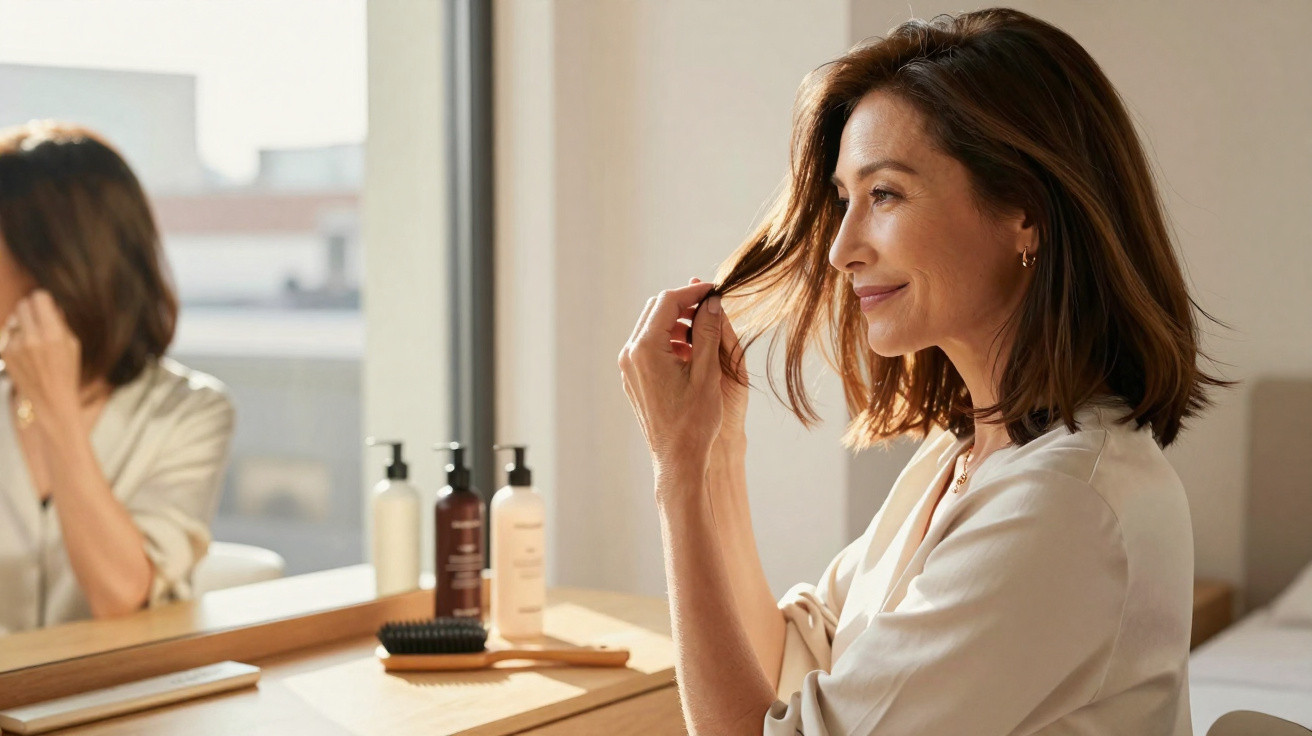 Mulher dirige-se ao espelho, toca no cabelo com um sorriso suave num quarto iluminado pela luz natural.