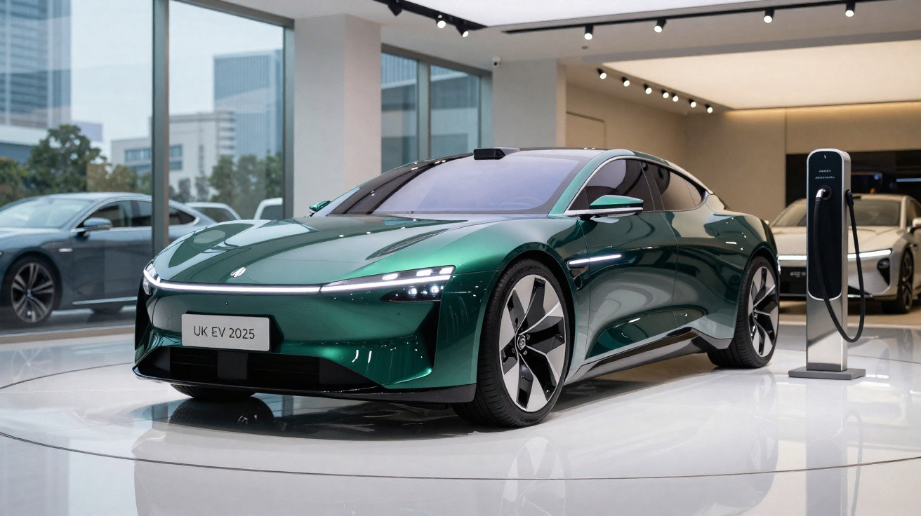 Carro elétrico verde metálico em exposição, ligado a estação de carregamento num showroom moderno.