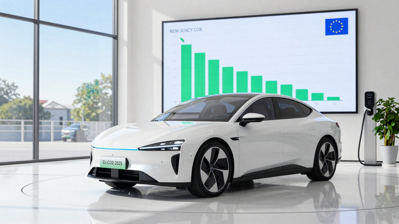 Carro elétrico branco estacionado em showroom com gráfico de emissões de CO2 e estação de carregamento atrás.
