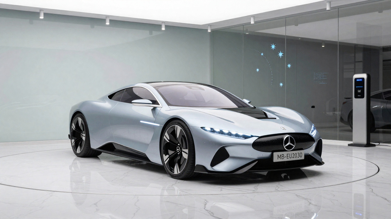 Carro desportivo elétrico prateado da Mercedes-Benz em exposição moderna com carregador elétrico à direita.