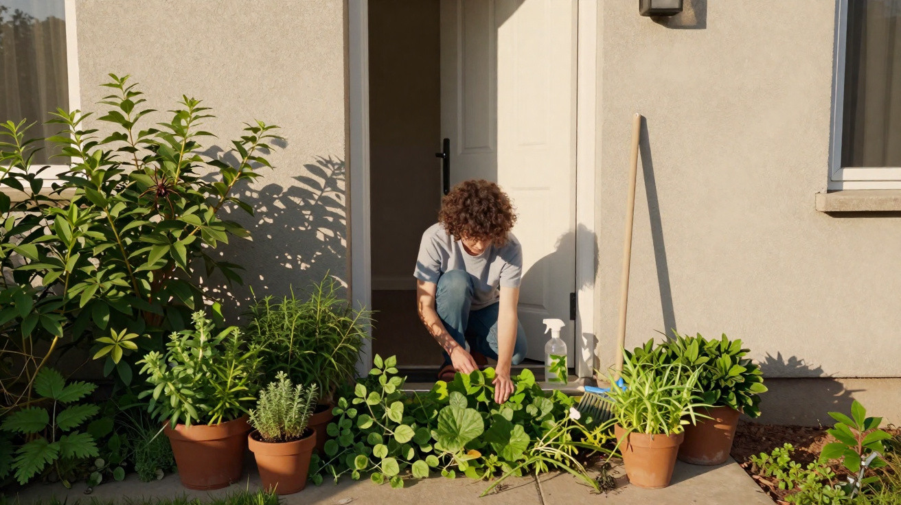 Pessoa a cuidar de plantas em vasos na entrada de uma casa durante o dia.