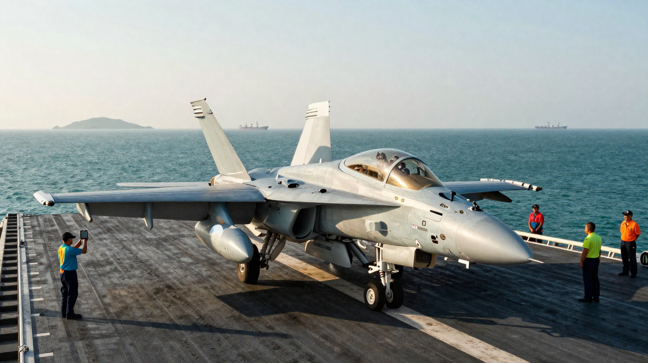Caça F/A-18 estacionado na pista de um porta-aviões com quatro pessoas ao redor e mar ao fundo.