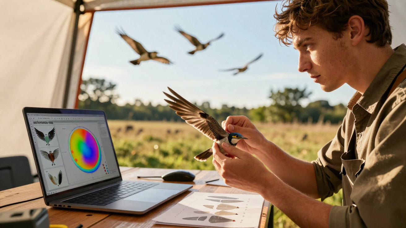 Jovem a analisar a asa de um pássaro com imagens de aves no computador e várias aves a voar ao fundo.