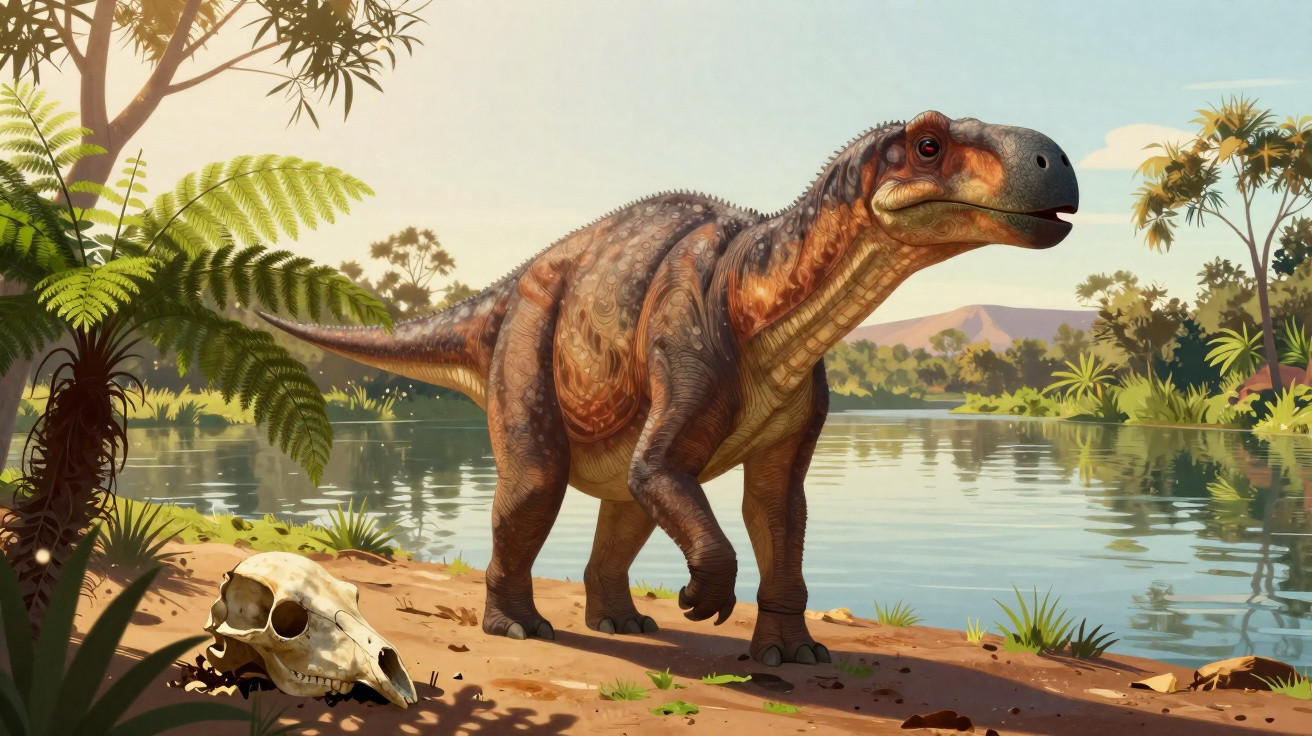 Dinossauro herbívoro junto a um lago rodeado de vegetação diversa e um crânio animal no chão.