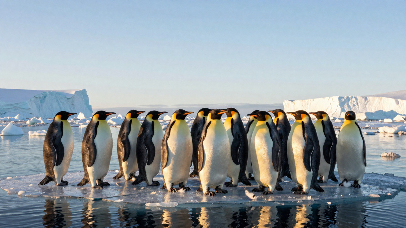 Grupo de pinguins-imperador em bloco de gelo no mar com icebergues ao fundo, luz do sol suave.