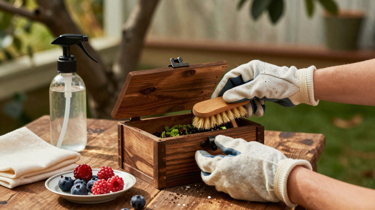 Mãos com luvas a escovar uma caixa de madeira com plantas, ao lado de frascos e frutos vermelhos num ambiente exterior.