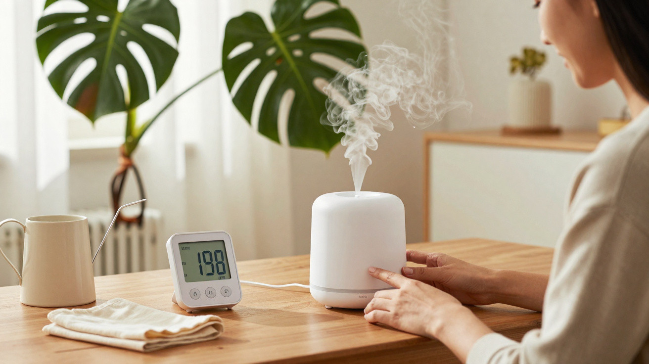 Pessoa ajusta difusor branco com vapor numa mesa de madeira junto a um temporizador digital.
