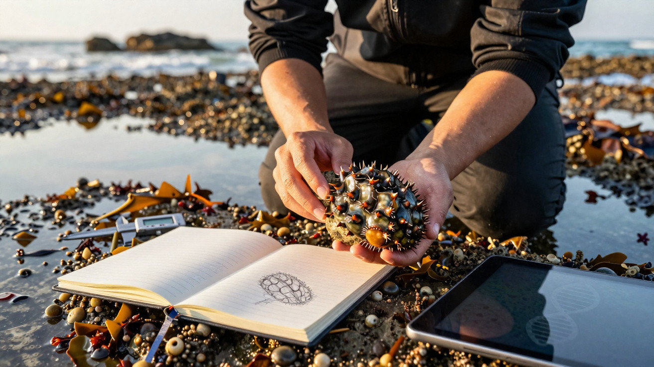Mãos seguram ouriço-do-mar com espinhos, com caderno aberto e tablet na praia pedregosa ao fundo.