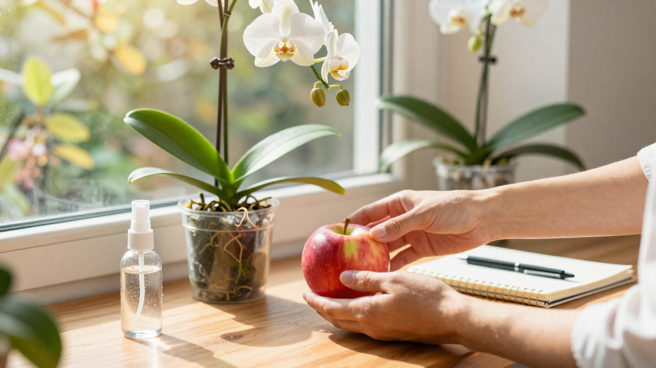 Mãos seguram uma maçã vermelha junto a orquídeas brancas numa secretária com bloco de notas e spray.