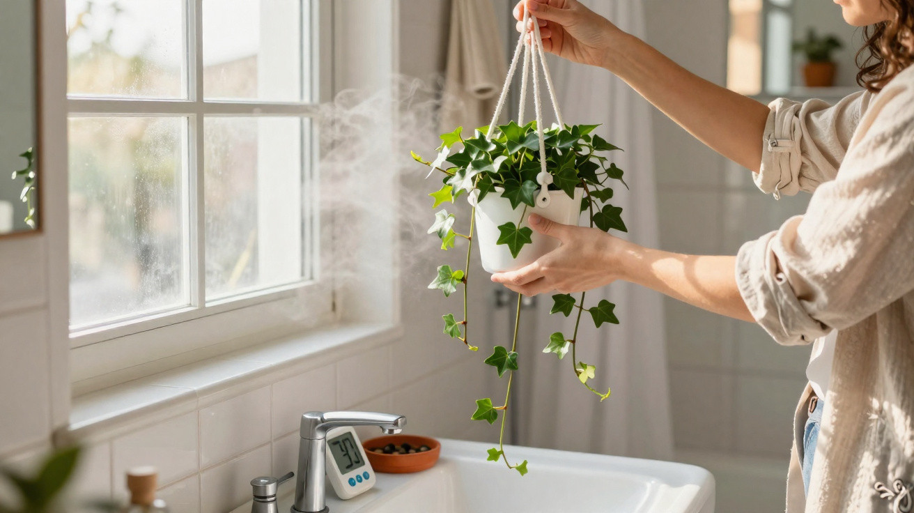 Pessoa a colocar planta suspensa perto de janela numa casa de banho iluminada pela luz natural.