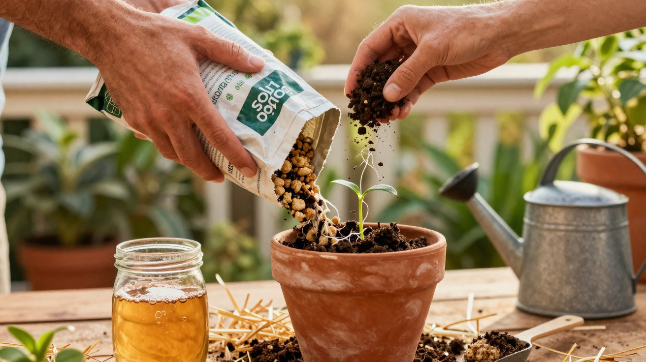Duas mãos a plantar um jovem rebento num vaso de barro, com adubo orgânico e um jarro de água ao lado.