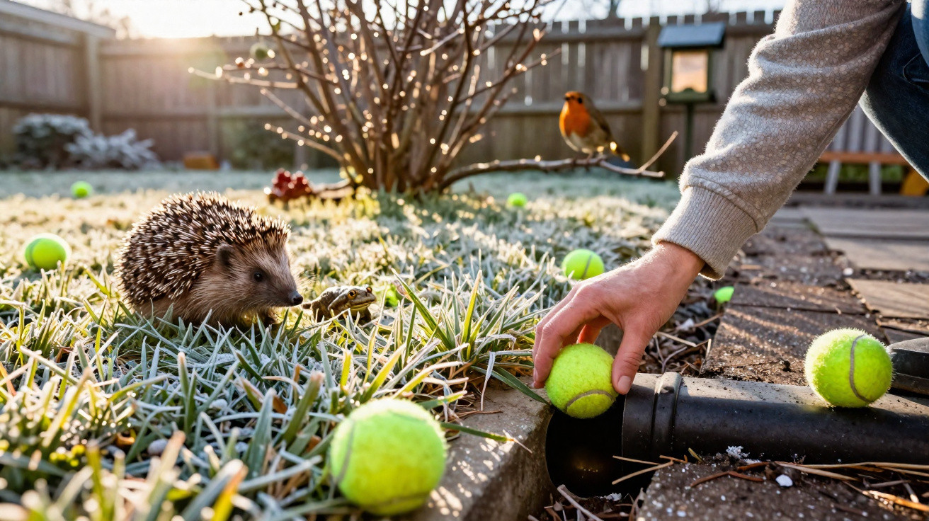 Ouriço e rã na relva com geada, bolas de ténis espalhadas e uma mão a apanhar uma bola num jardim.