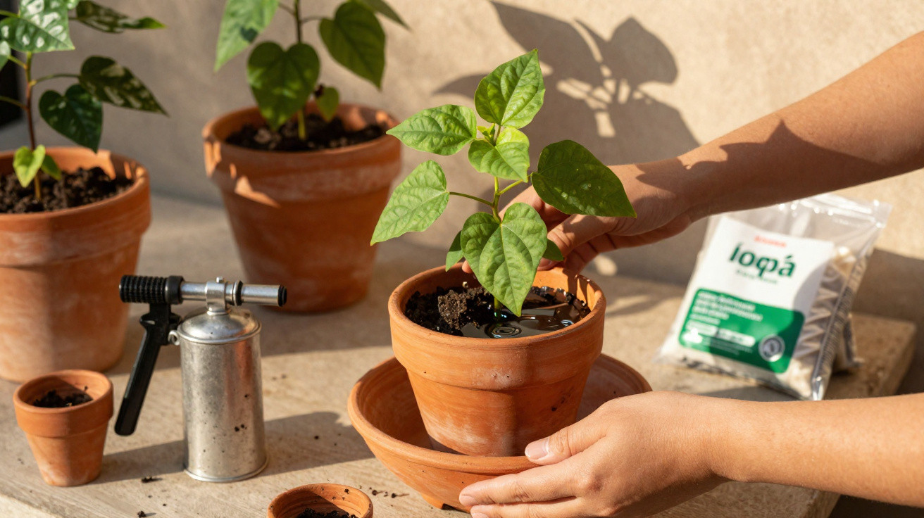 Pessoa a molhar planta jovem em vaso de barro num espaço com várias outras plantas e utensílios de jardinagem.