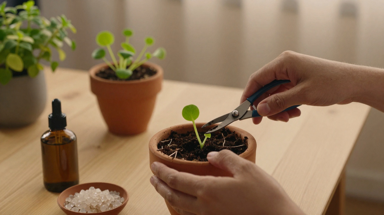Pessoa a podar planta jovem num vaso de barro com pinça, mesa de madeira e outras plantas ao fundo.