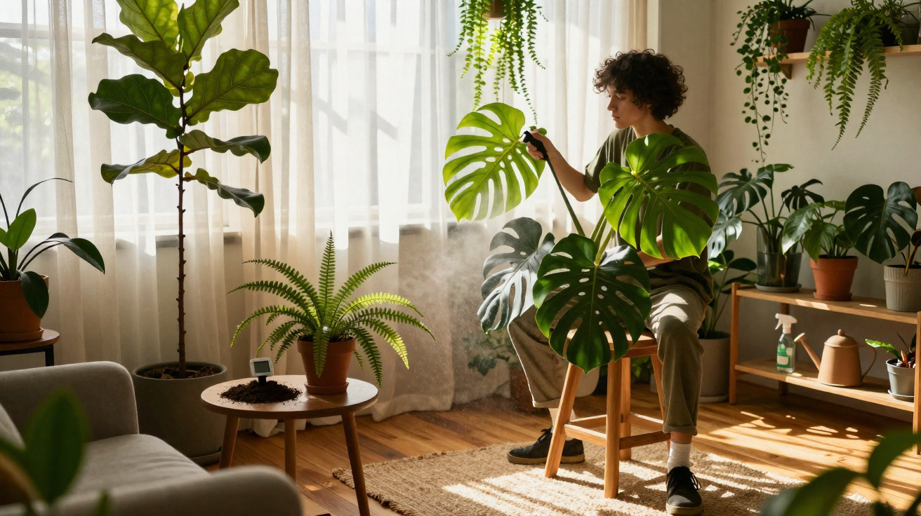 Pessoa sentada a regar plantas verdes em sala iluminada com mobília e cortinas claras.