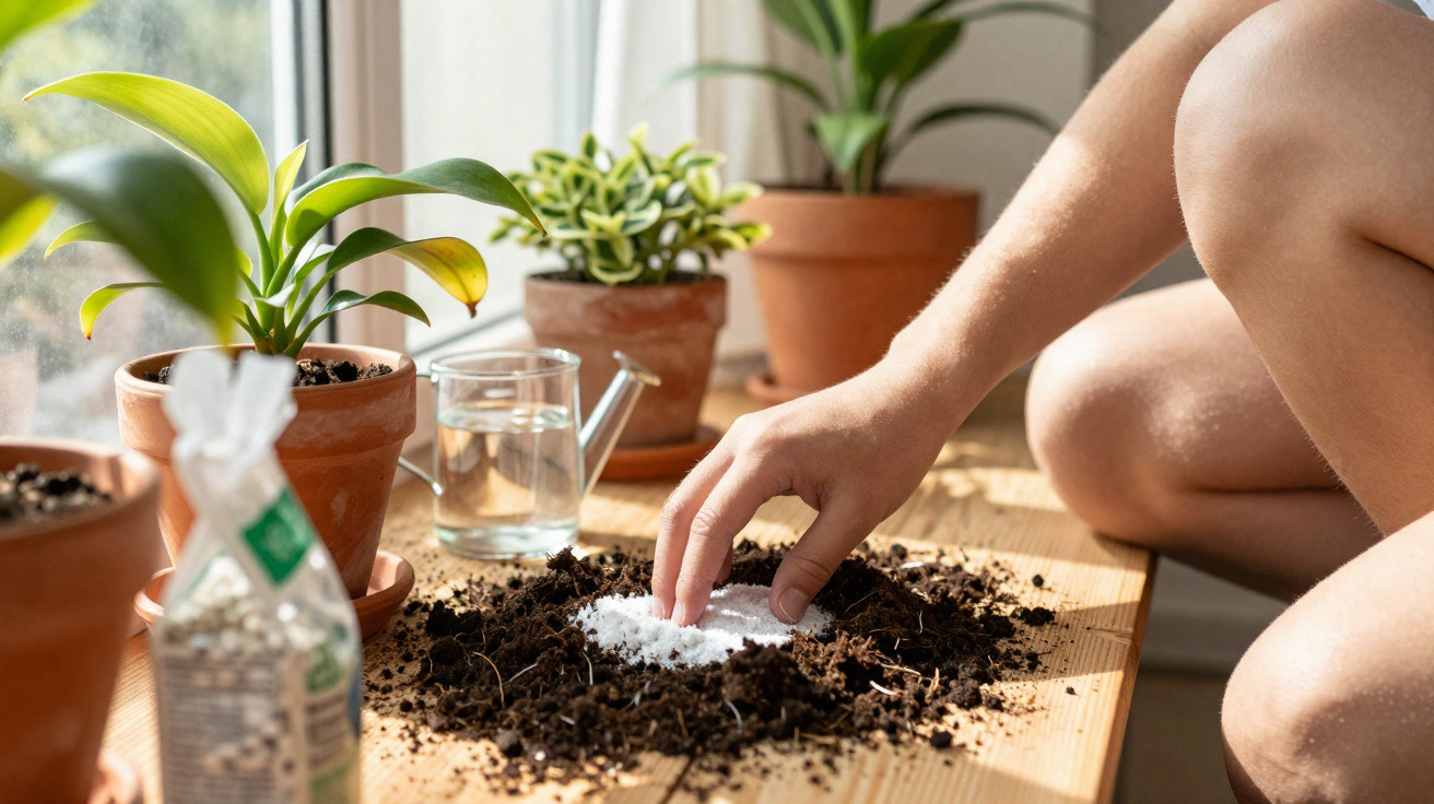 Pessoa a preparar solo com fertilizante para plantas em vasos num jardim interior junto à janela.