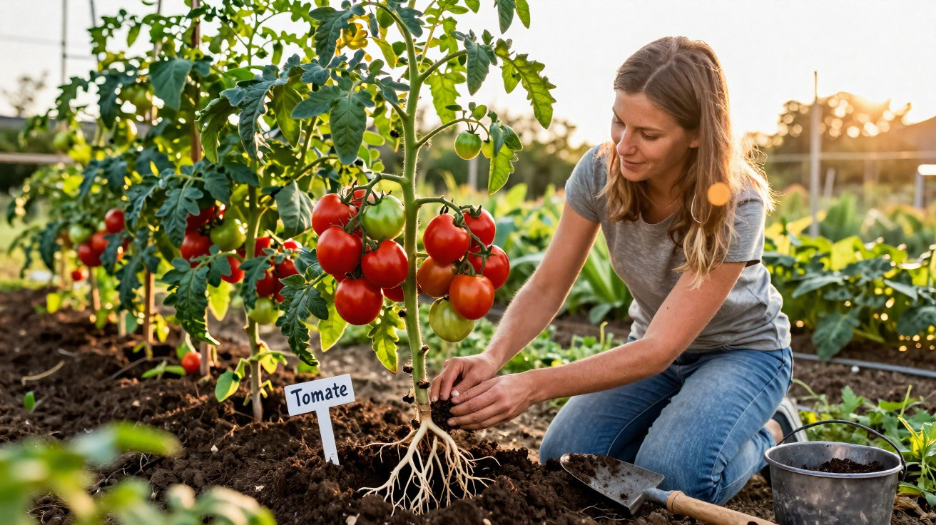 Mulher a cuidar de planta de tomateiro com tomates maduros numa horta ao pôr do sol.