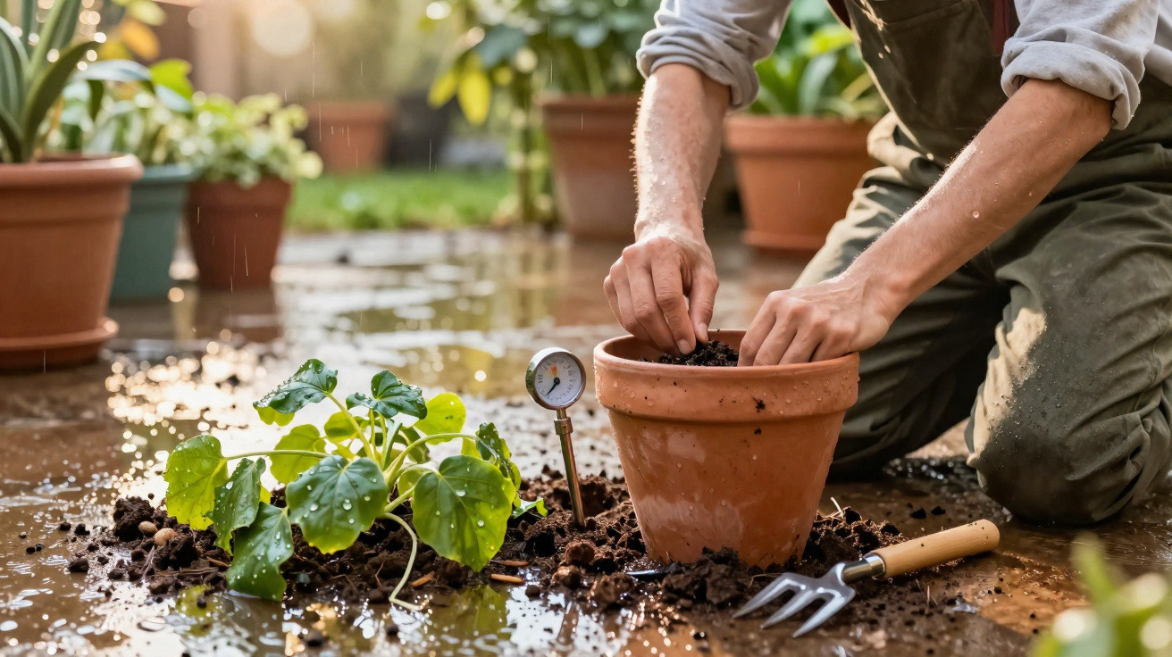Pessoa a plantar muda numa varanda com várias plantas em vasos de barro.