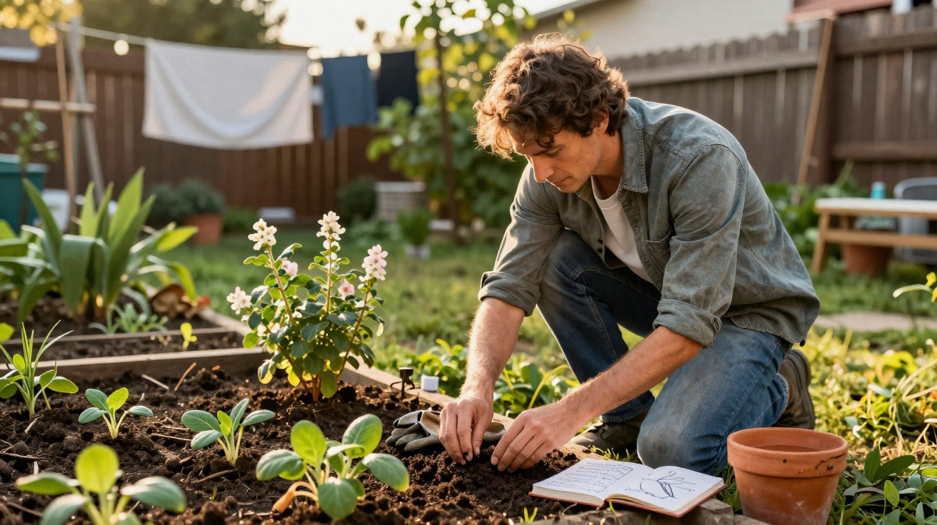 Jovem a plantar no jardim, com luvas e caderno aberto ao lado, cercado por plantas e flores.