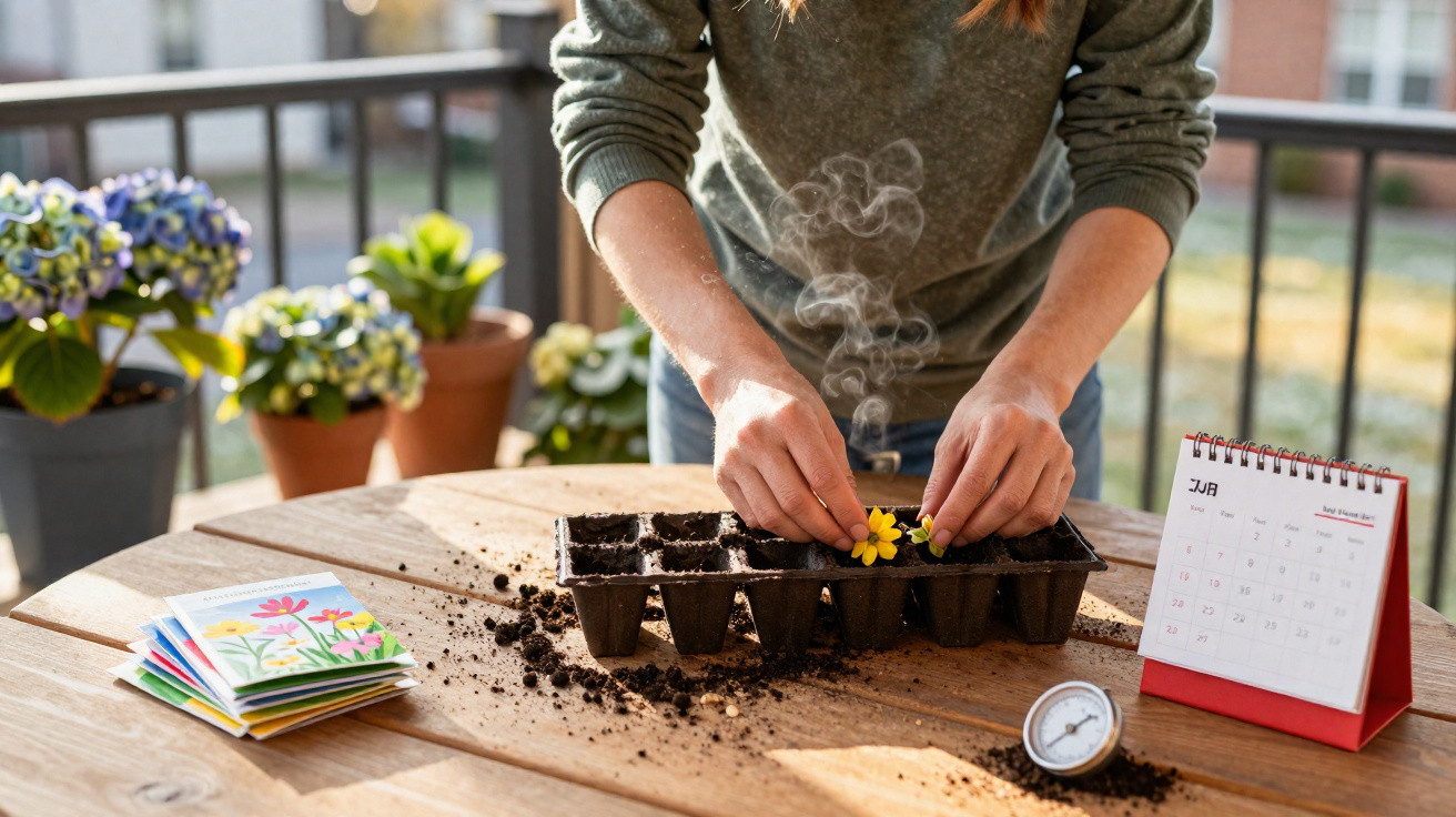 Pessoa a plantar sementes numa mini estufa com terra e flores, com calendário e termómetro numa mesa ao ar livre.
