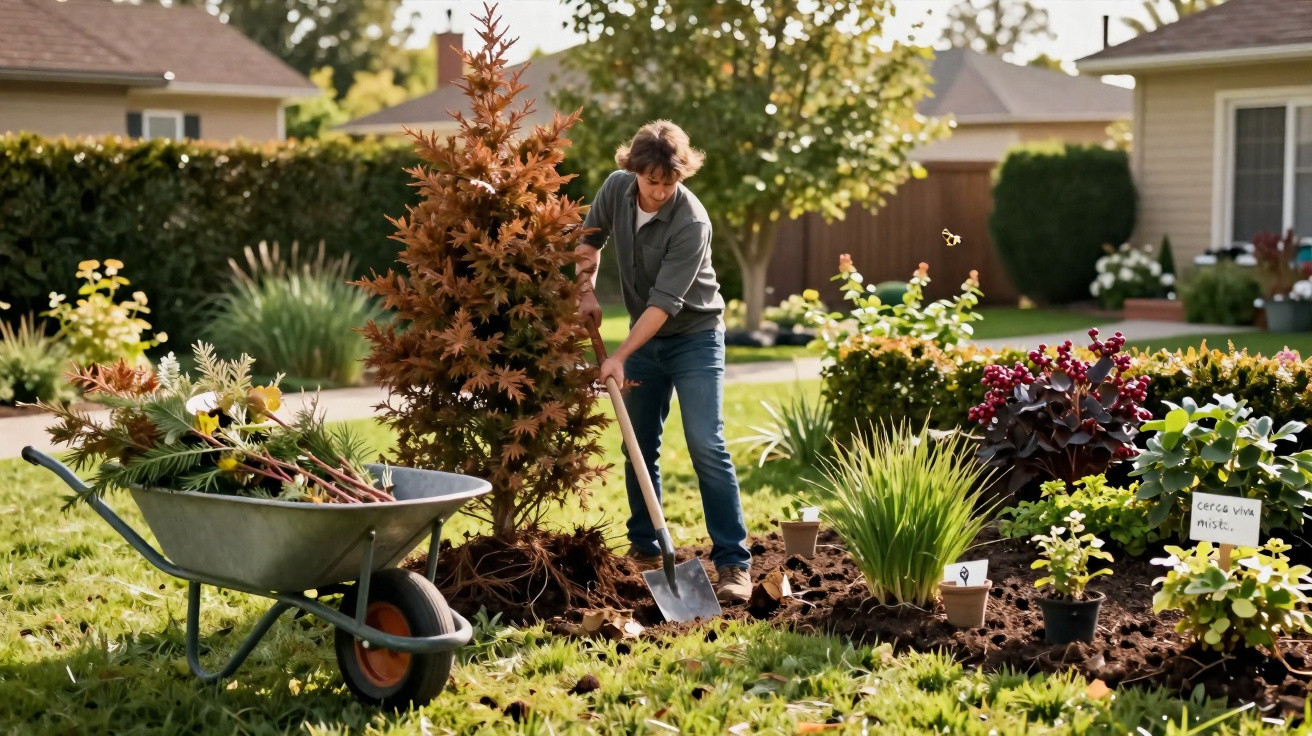 Pessoa a plantar uma árvore num jardim com carrinho e várias plantas em redor, em dia solarengo.