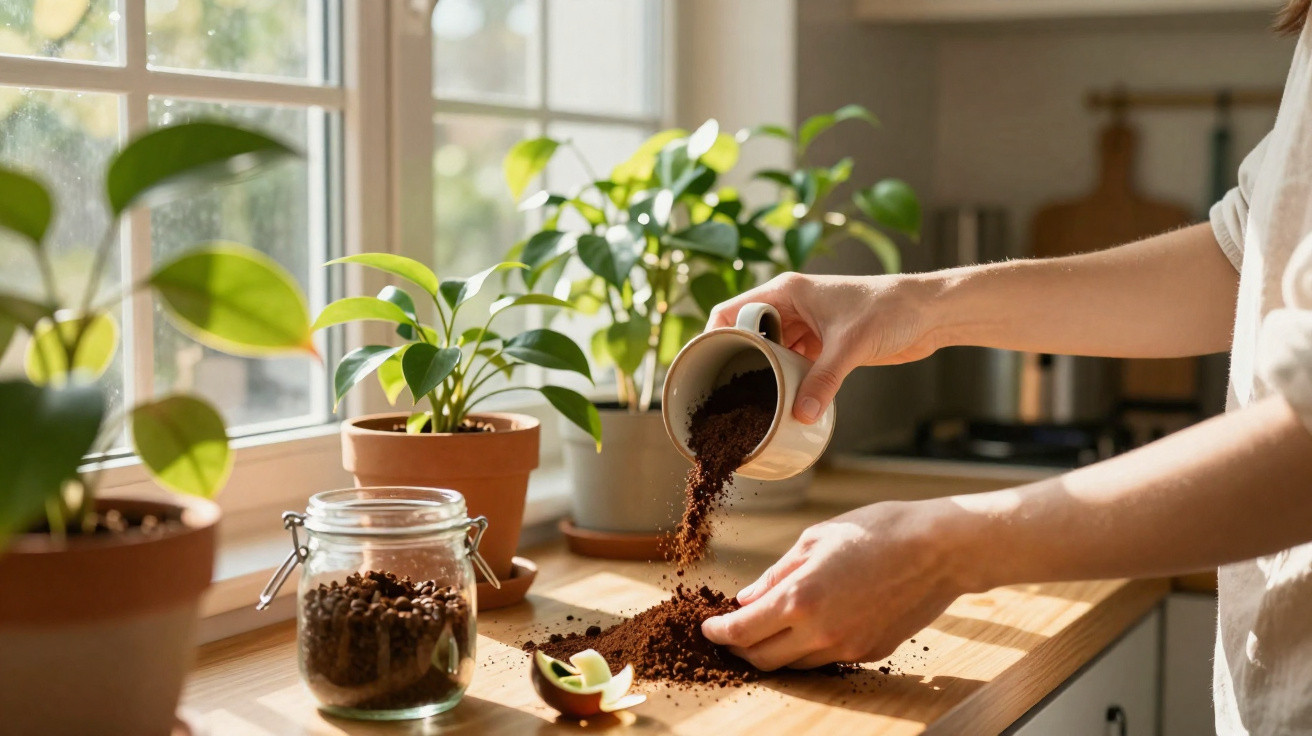 Pessoa a verter café moído de chávena para a mão na bancada da cozinha com plantas ao fundo.