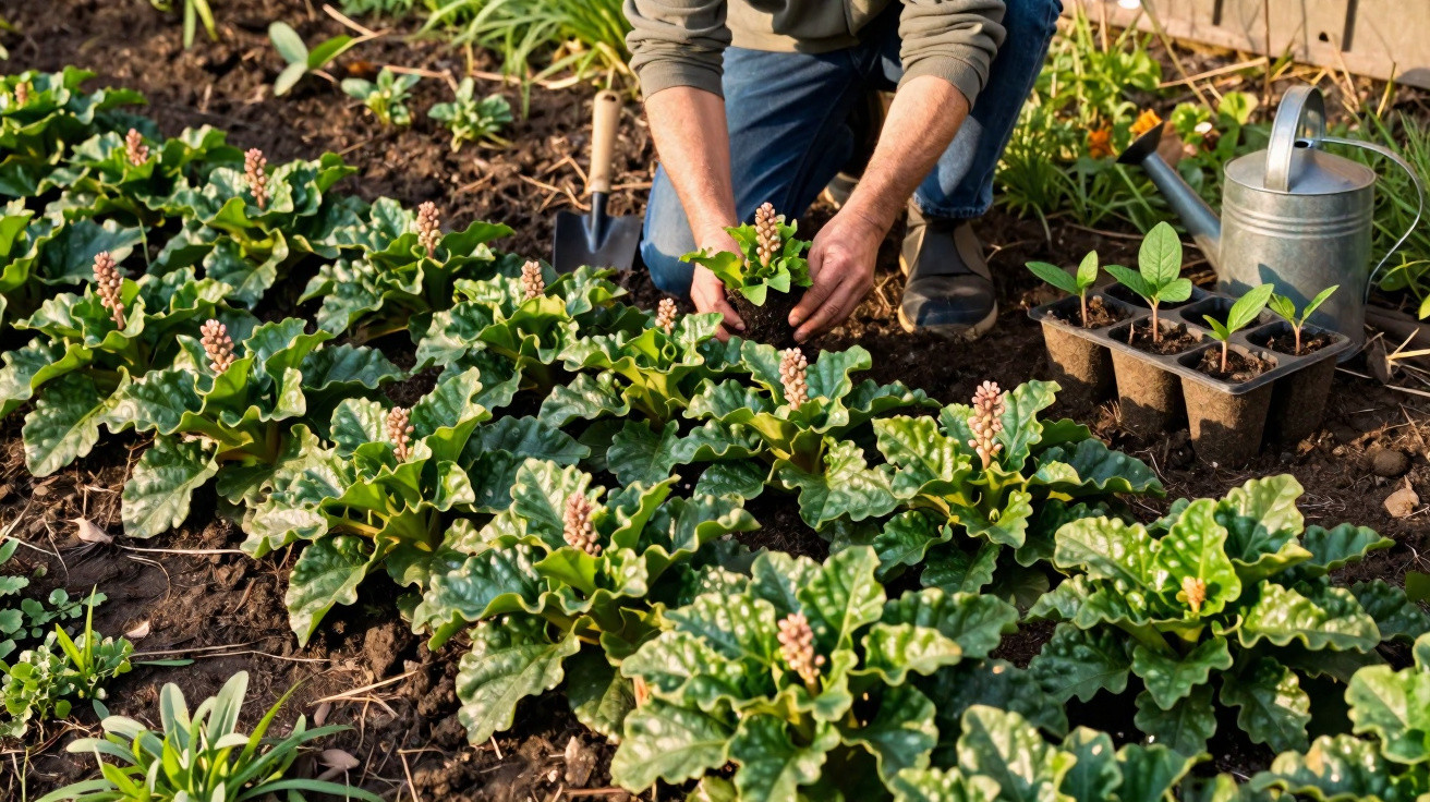 Pessoa a plantar flores jovens num canteiro com regador e ferramentas de jardinagem ao lado.