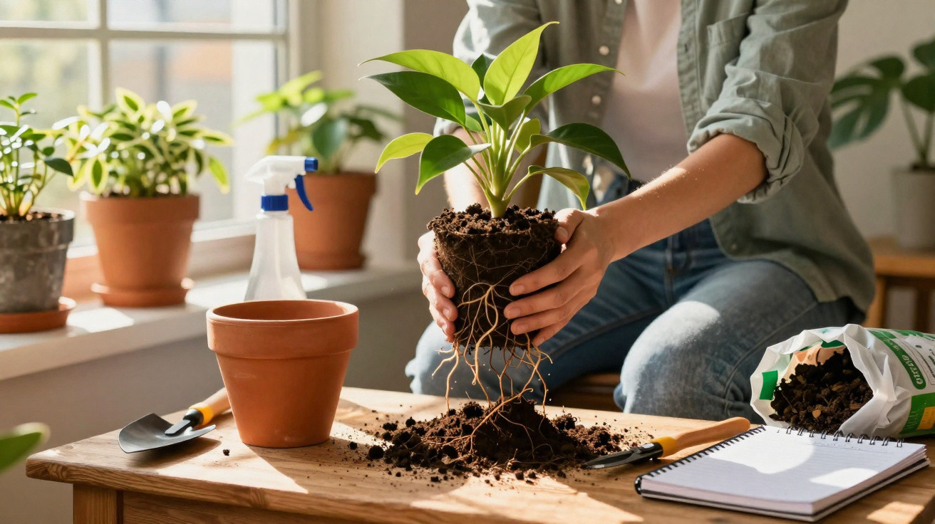 Pessoa a transplantar planta com raízes expostas para vaso de barro, num ambiente interior iluminado.