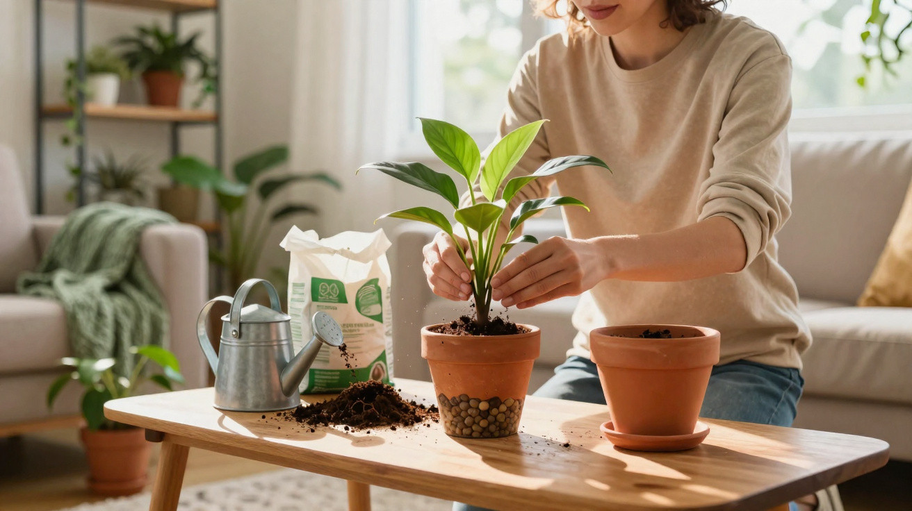 Pessoa a transplantar planta em vaso de barro numa sala iluminada, com regador e terra na mesa.