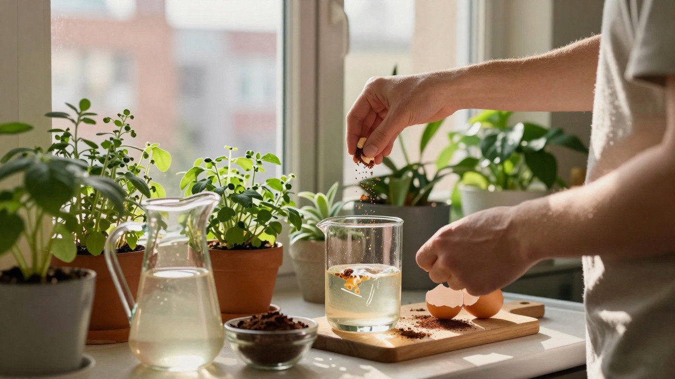 Pessoa a preparar bebida natural com cascas de ovos junto a plantas em vasos num peitoril iluminado por luz natural.