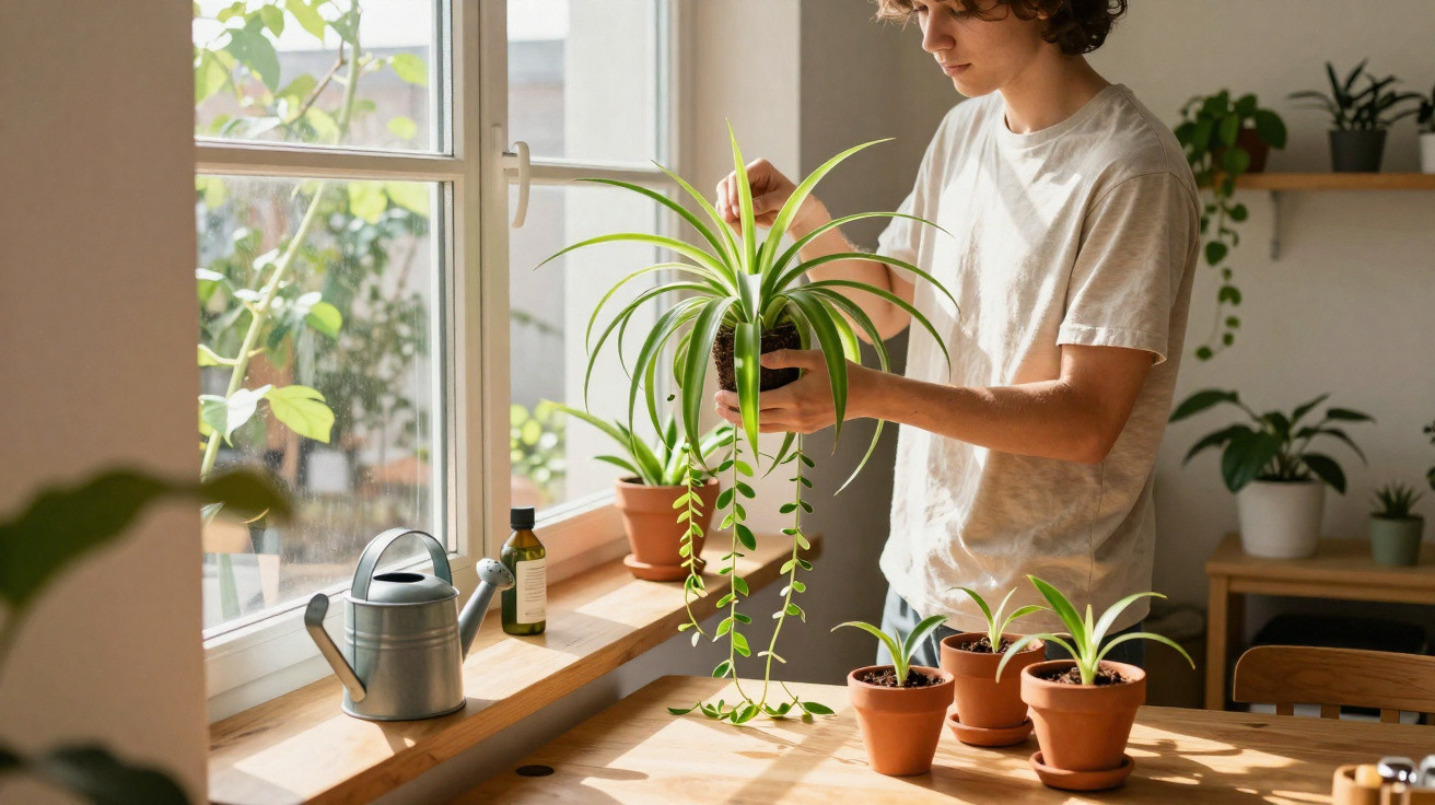 Pessoa a cuidar de plantas em vasos junto a uma janela com luz natural.
