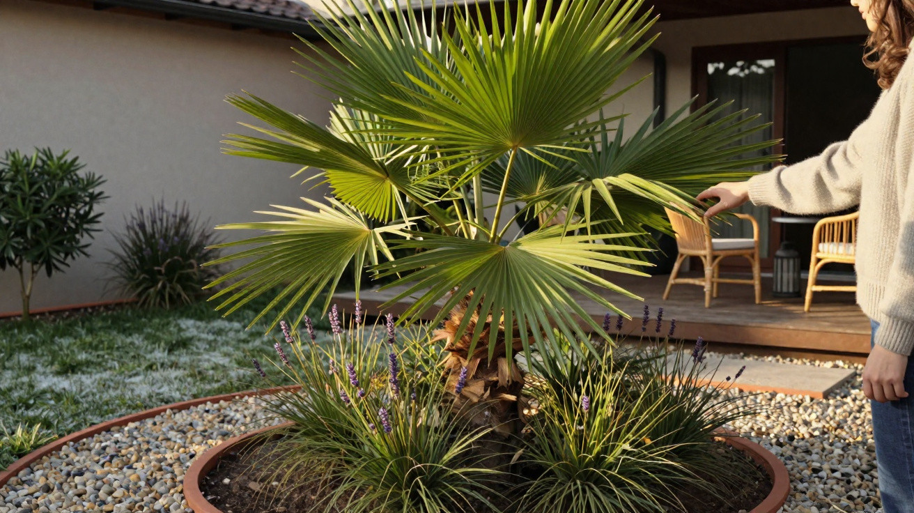 Jardim com palmeira e plantas, pessoa de camisola clara ao lado e varanda de madeira ao fundo.