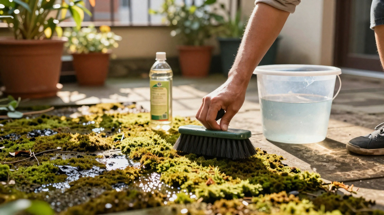 Pessoa a limpar musgo do chão com escova, ao lado de balde com água e garrafa de produto de limpeza.