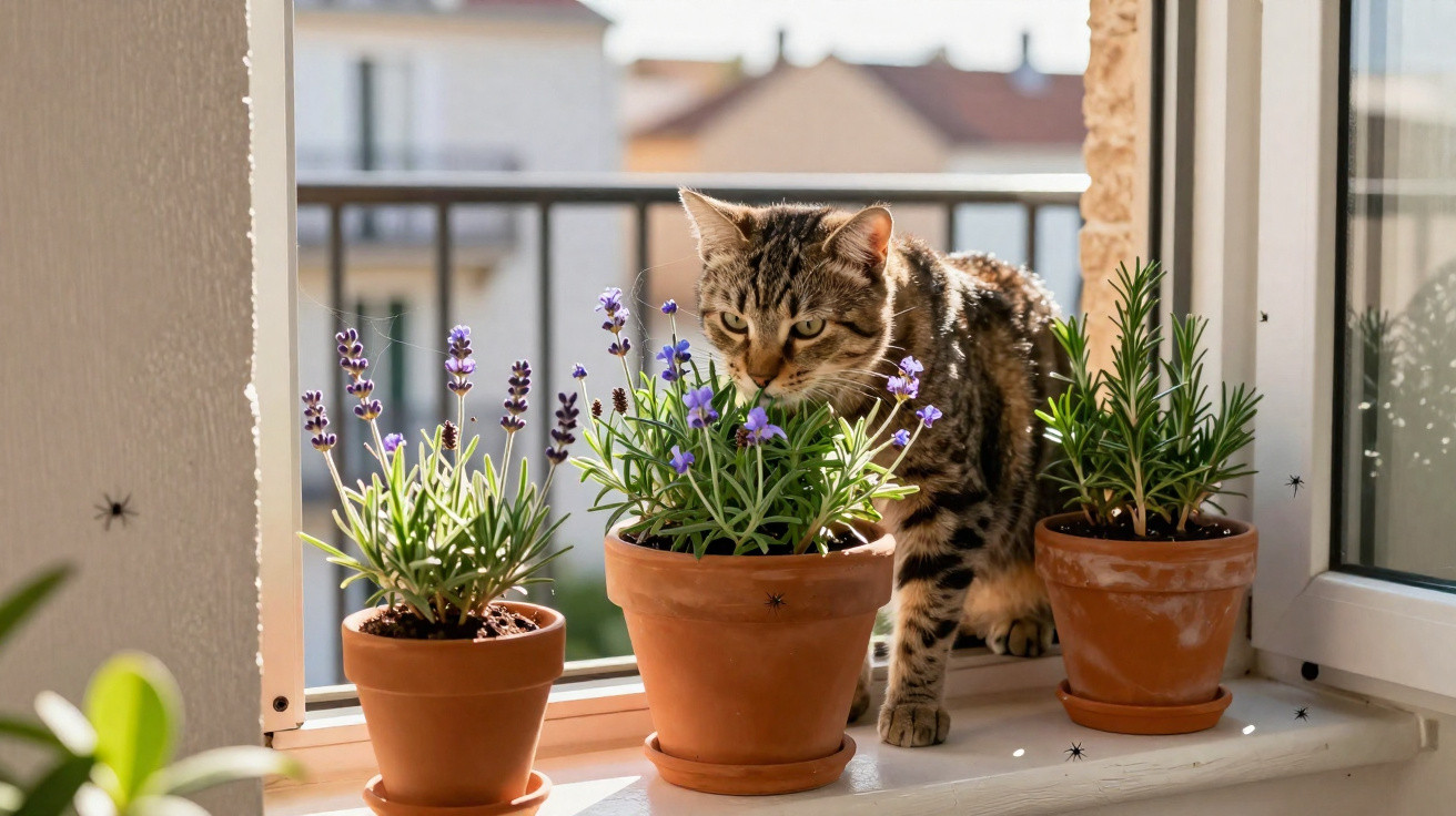 Gato a cheirar flores roxas numa janela com vasos de barro iluminada pelo sol.