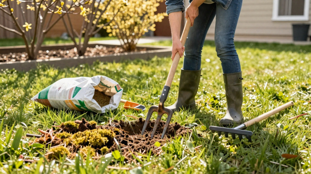 Pessoa com botas de borracha a cavar a terra num jardim para plantar com ferramentas e saco de fertilizante.