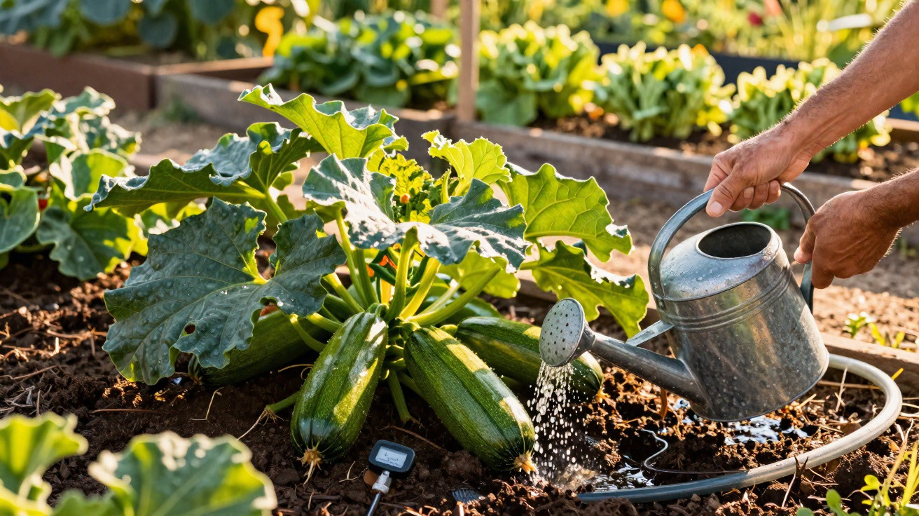 Pessoa a regar plantas de curgete num jardim, com terra e rega por aspersão visíveis.