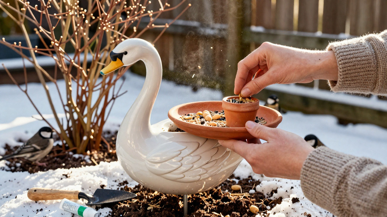 Mãos a colocar sementes numa alimentadora branca em forma de cisne num jardim com neve e pássaros.