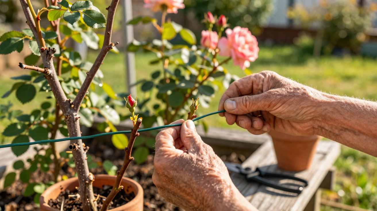 Mãos a amarrar um ramo de rosa a um suporte num vaso ao ar livre num jardim ensolarado.