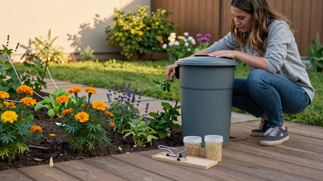 Mulher agachada no jardim a colocar plantas num contentor de compostagem cinzento.