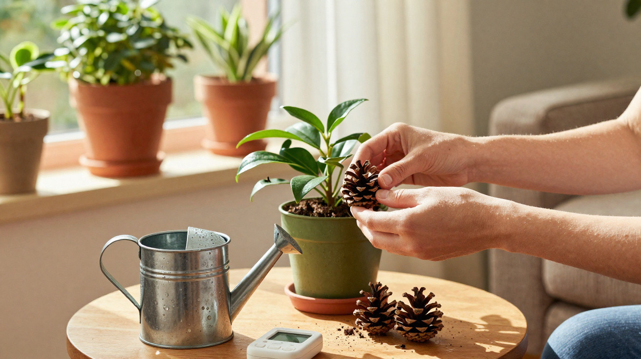 Pessoa a segurar pinhas perto de planta em vaso numa mesa com regador e sensor de humidade de solo.