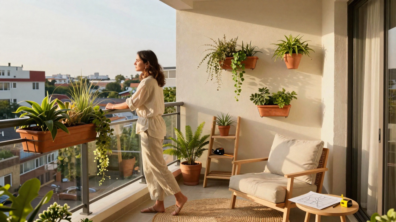 Mulher a contemplar a vista num terraço decorado com plantas e mobiliário de madeira em ambiente soalheiro.