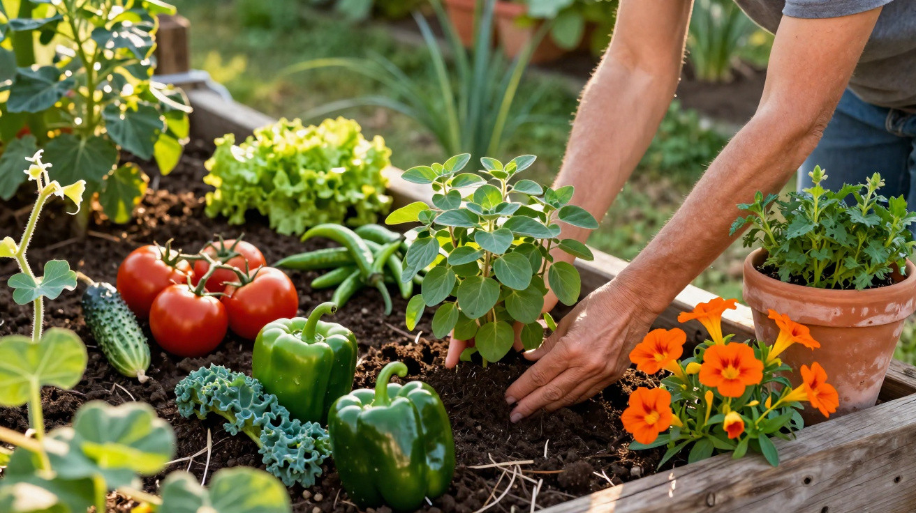 Pessoa a plantar ervas aromáticas numa horta elevada com legumes e flores ao redor.