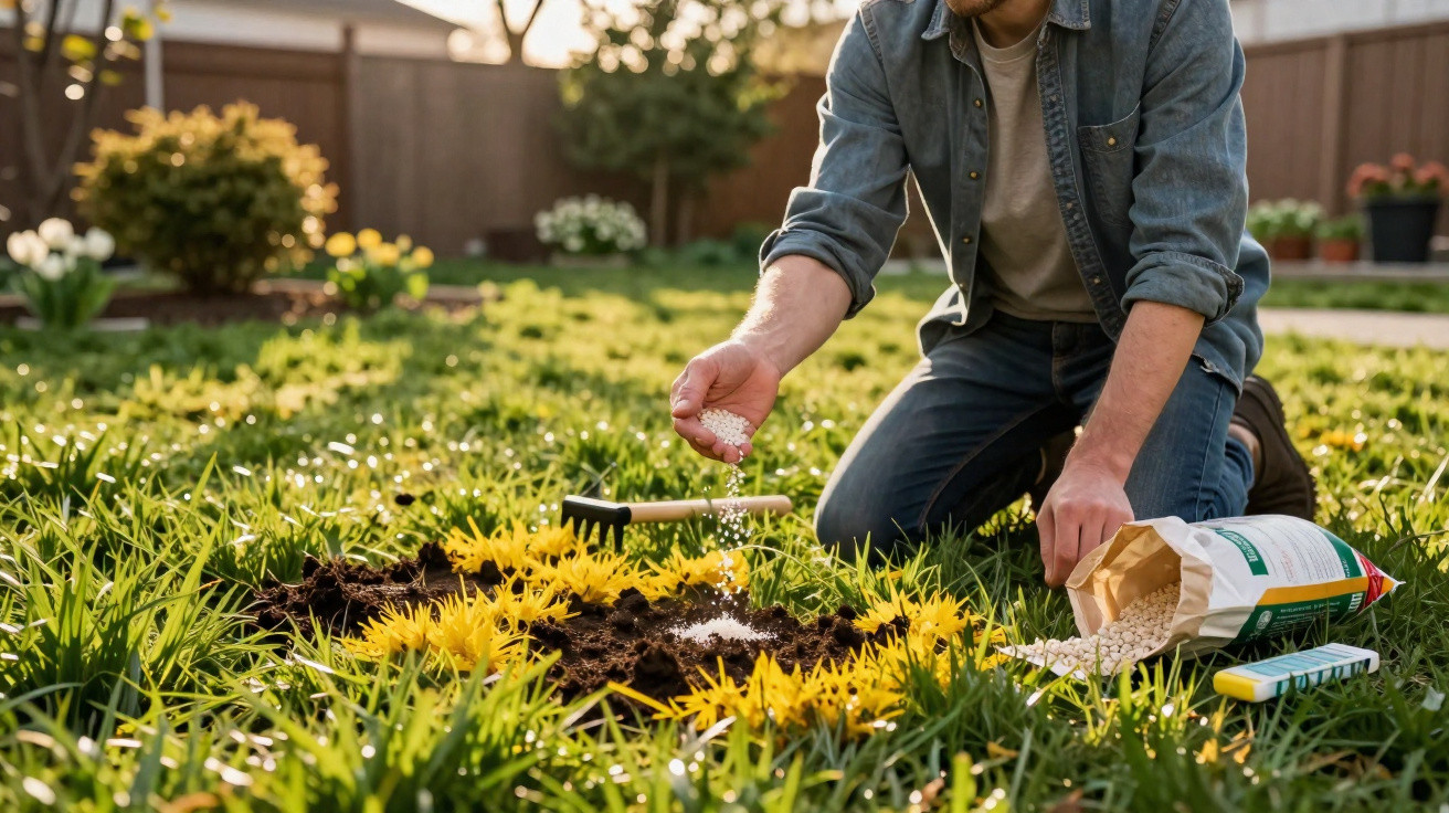 Pessoa a aplicar fertilizante em plantas amarelas num jardim ensolarado.