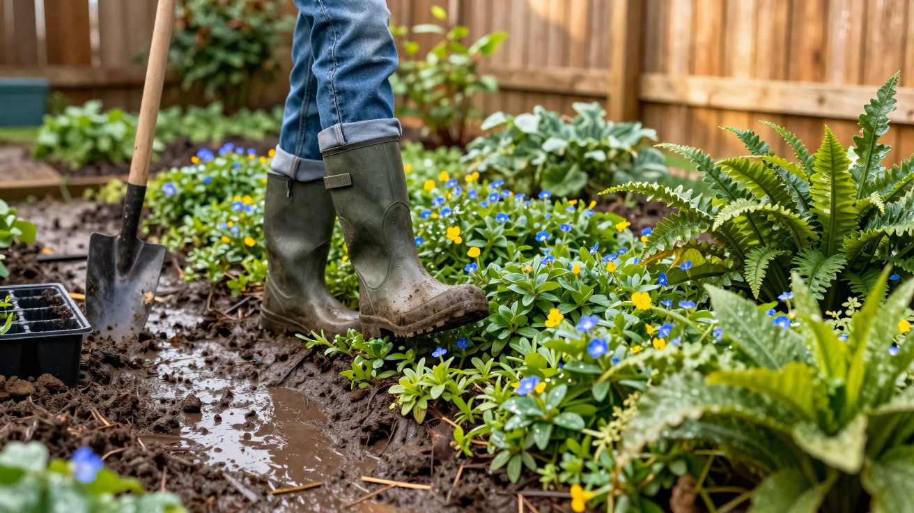 Pessoa de botas de borracha e calças de ganga a pisar lama num jardim florido com pá no chão.