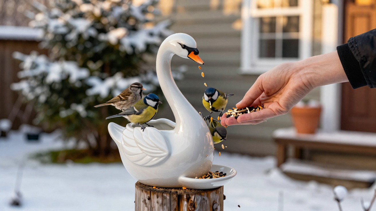 Pássaros a alimentar-se de sementes em comedouro branco em forma de cisne, num jardim com neve.
