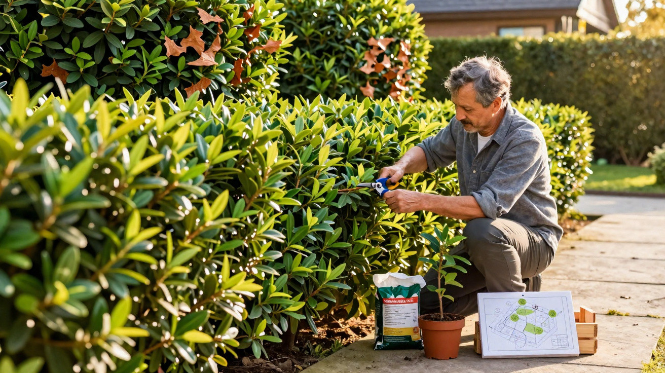 Homem a podar arbusto com tesoura de jardinagem num jardim ensolarado.