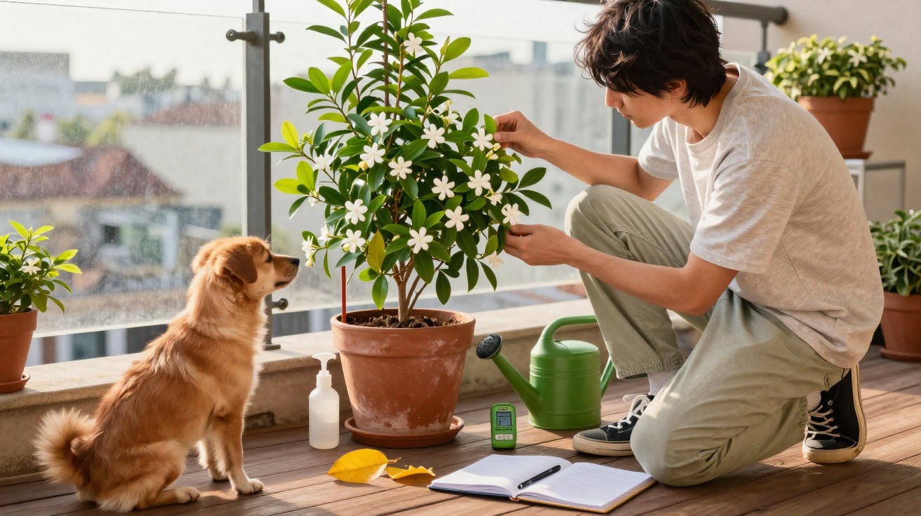 Jovem cuida de planta florida num terraço enquanto cão observa, com regador e caderno ao lado.
