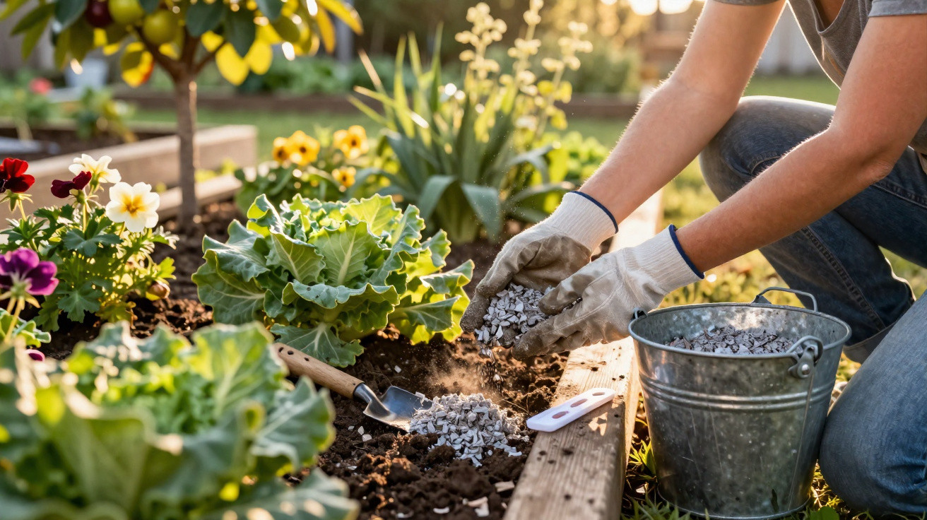 Pessoa a adubar hortaliças num jardim com luvas, utilizando pequenos pedaços de conchas brancas.