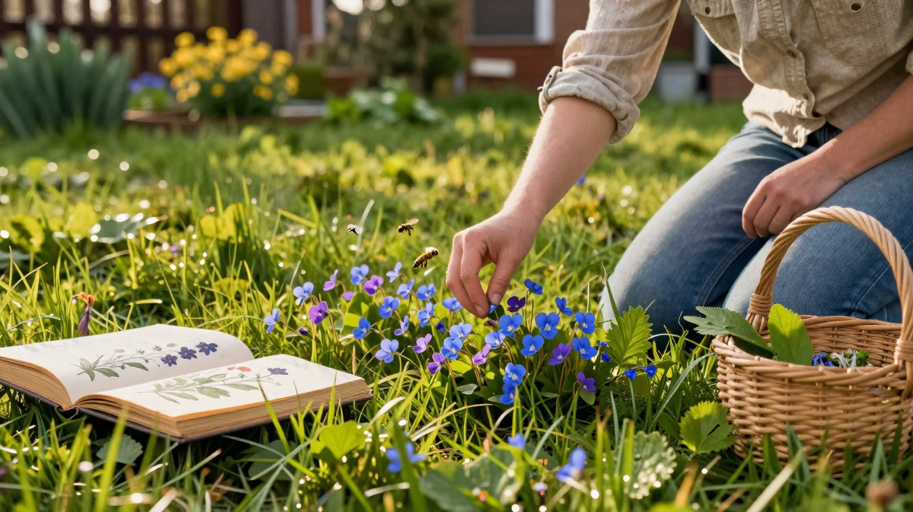 Pessoa colhendo flores azuis num campo com abelhas, livro aberto com ilustrações de plantas e cesta de verga ao lado.