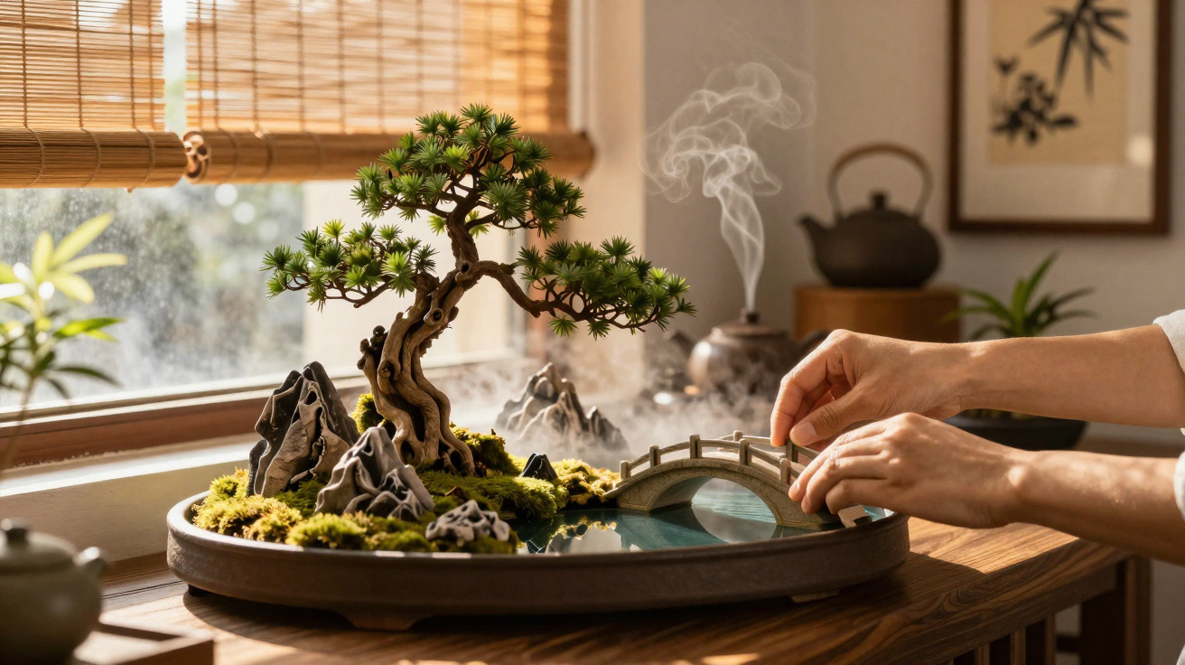 Mãos ajustam uma ponte numa mesa com paisagem de bonsai, pedras e musgo, luz natural entra pela janela.